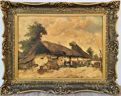 100X80cm painting of village life by György Németh (1888 -1962) with original guarantee!