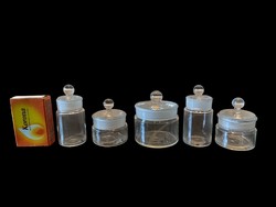A total of 5 small apothecary glass jars with lids. Pipere jar, Gyószertári