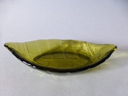 Különleges,olíva zöld,levél formájú üveg kínáló