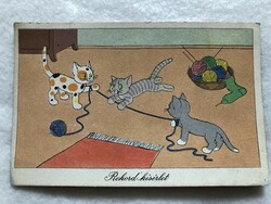 Old postcard with a picture of a cat - László Réber's drawing -6.
