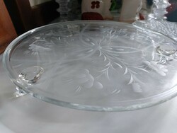 Impressive Rare Brushed Flower and Ribbon Design 3 Legged Glass Cake or Cake Stand 32cm