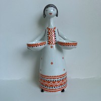 Hollóházi j. Starling marta woman with a bowl - porcelain figurine of a girl holding a bowl - nipp - figurative sculpture
