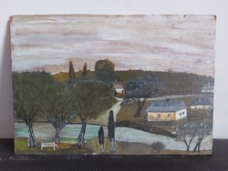 Unsigned painting - the artist is on a certain pen ... Maybe - landscape with trees, bench, stream - 461
