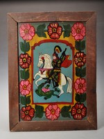 Antik erdélyi ( Füzesmikola ) üveg ikon szent György és a sárkány, 39 x 26,5 cm