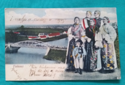 Antique postcard, vinkovce, vinkovci; landscape with bridge, Slavonian folk costume, montage postcard 1911