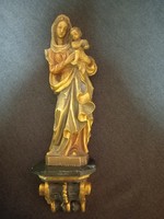 Antik részletgazdag fából faragott Mária szobor fali konzollal9.