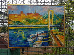 Old impression; oil, canvas 60 x 80 cm, Danube landscape, with Buda castle, painting, modern picture frame