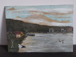 Unsigned painting - the artist may be on a certain pen - lake shore with stork and other birds - 484