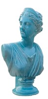 Kék alapmázas Zsolnay tervű porcelán női mellszobor, büszt vagy torzó, hölgy pártában