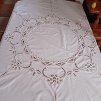 Antique, white, Brussels lace insert, rosette, cotton tablecloth, diameter 162 cm