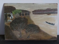 Szignálatlan festmény - Az alkotó egy bizonyos Kálmán lehet - Tópart templommal és csónakkal- 487