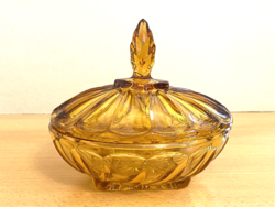 Amber colored art deco glass jewelery bowl with lid