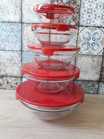 5 glass bowls with plastic lids
