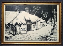 Thatched house - street view, marked ink drawing
