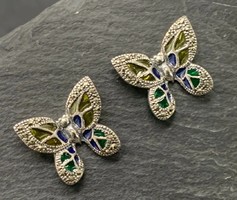 Beautiful butterfly earring with marcasite and fire enamel - yellow, silver /925/ --new