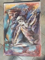 Győri István (1957-): "Út-mutatás", festmény, akvarell, vastag papír, 70x100 cm