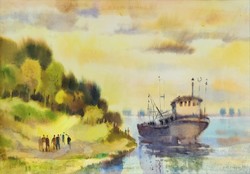 Miklós Osváth (1935 - 2004) on the Danube in Pest. His painting is 77x57cm with an original guarantee!