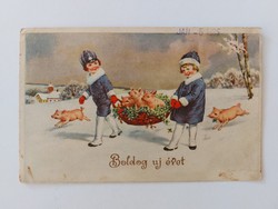 Régi újévi képeslap 1935 levelezőlap gyerekek malacok lóhere