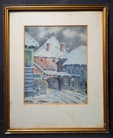 Mesebeli téli utcakép - selyem hordozón - jelzett, 1937