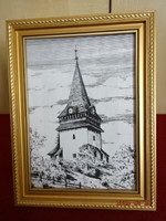 Ceruza rajz, Miskolc Avasi templom óra tornya mérete: 25 x 19 cm. Jókai.