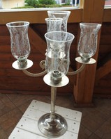 Impressive - silver-colored five-pronged candle holder with original polished glass goblet caps