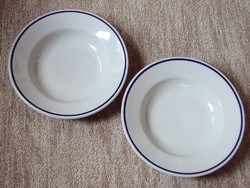 Retro porcelán régi mély tányér üzemi konyha Zsolnay, Pécs jelzéssel, kék szegélyes 2 db