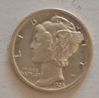 1924. USA ezüst Mercury 1 dime F/2
