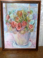 Flower in the window, labeled oil painting