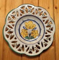 Marked, openwork rim, haban pattern, 24 cm. Ceramic wall plate - with hand painting./Poszthabán.Soós/
