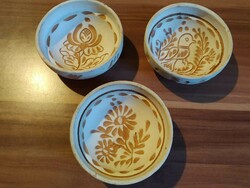3 white small Korund plates, together, from the 1970s-80s, one with a bird