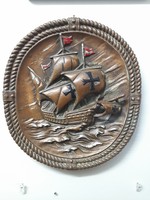 Öntött Bronzirozott,Spiáter,3D Kolumbusz,Columbusz˝Santa Maria" Vitorlás Fali Kép.40 cm.3.85 Kg.