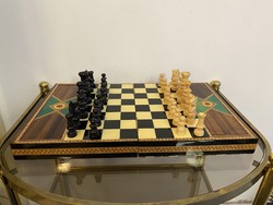 Spanish inlaid carved wooden chess set