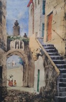 József Csillag: Mediterranean street scene - Bordighera, Italy (colored etching)