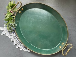Nice green enameled old tray with copper handles