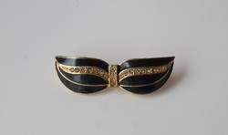 Vintage gold-plated, black enamel painted bow brooch