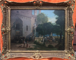 Antik kastély berendezés kvalitásos tájkép barokk olaj festmény 80 x 100 cm