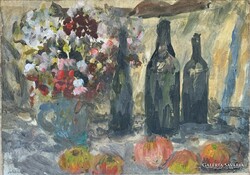 Schéner Mihály (1923-2009) Virágok üvegekkel almákkal (1950 körül) című akvarell festménye /21x30cm/