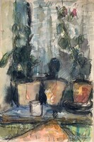 Schéner Mihály (1923-2009) Virágok cserépben (1957) című akvarell festménye /47x32cm/
