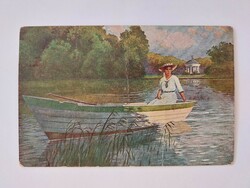Old postcard art postcard lady boating