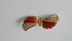 Vintage gold-plated, red enamel painted bow brooch