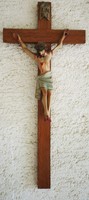 Antik kereszt feszület, Jézus Krisztus fából faragott kézi festett gyönyörű alkotás,vállási gyüjtemé