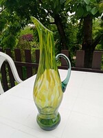 Sárga - zöld muránói buborékos kézi  üveg kancsó kiöntő díszüveg váza karaffa