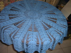 Beautiful blue hand crocheted round antique lace tablecloth