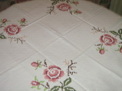 Beautiful vintage rose hand-embroidered cross-stitch tablecloth