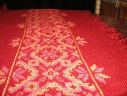Beautiful burgundy hand-embroidered fringed woven tablecloth