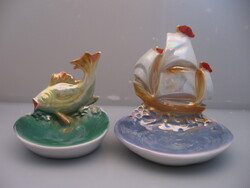 Lüszteres és halacskás  vitorlás tó porcelán figura ,gyűrűs tálka