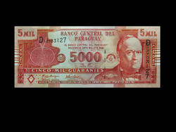 Unc - 5000 guaranies - Paraguay - 2005 - with the image of President Carlos Antonio López - read!