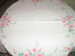 Beautiful vintage colorful floral hand-embroidered cross-stitch white tablecloth