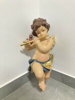 Wall hanging large painted wooden putto angel with flute #2