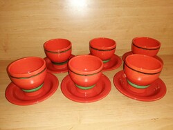Német piros kerámia bögre, csésze, pohár zöld csíkkal, aljjal 6 személyes készlet (31/d)